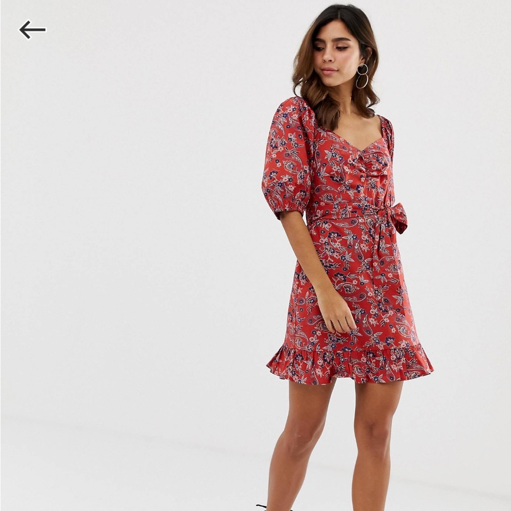 ASOS Design puff sleeve red floral dress with belt tie